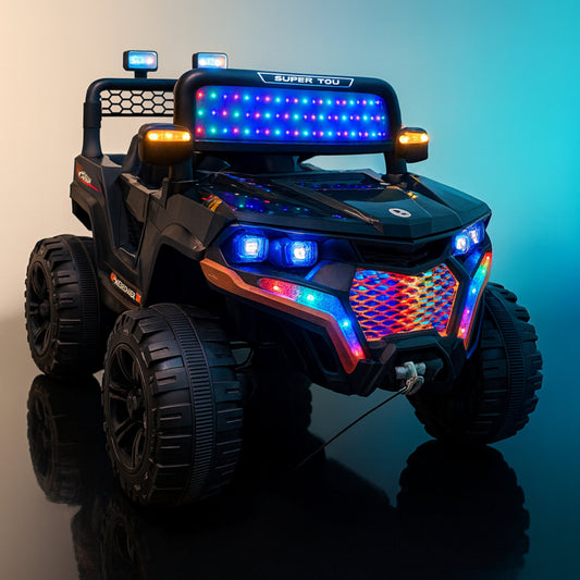 Rideon Jeep for 8 year kids capacity, 4 motors, Big wheels, 12v battery, Black Colour